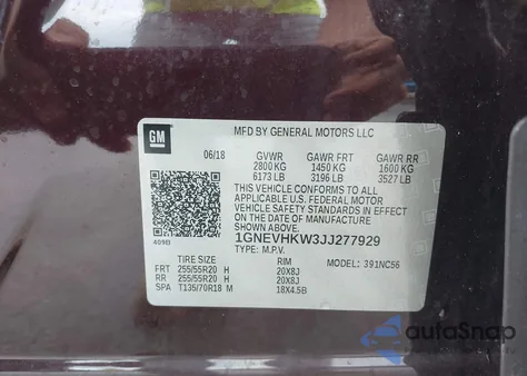 2018 Chevrolet Traverse 3Lt from USA, damaged, VIN 1GNEVHKW3JJ277929